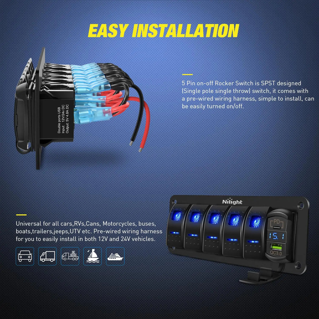 5Gang Aluminum 5Pin ON/Off Blue Rocker Switch Panel w/ PD Type C and USB Charger Voltmeter Nilight