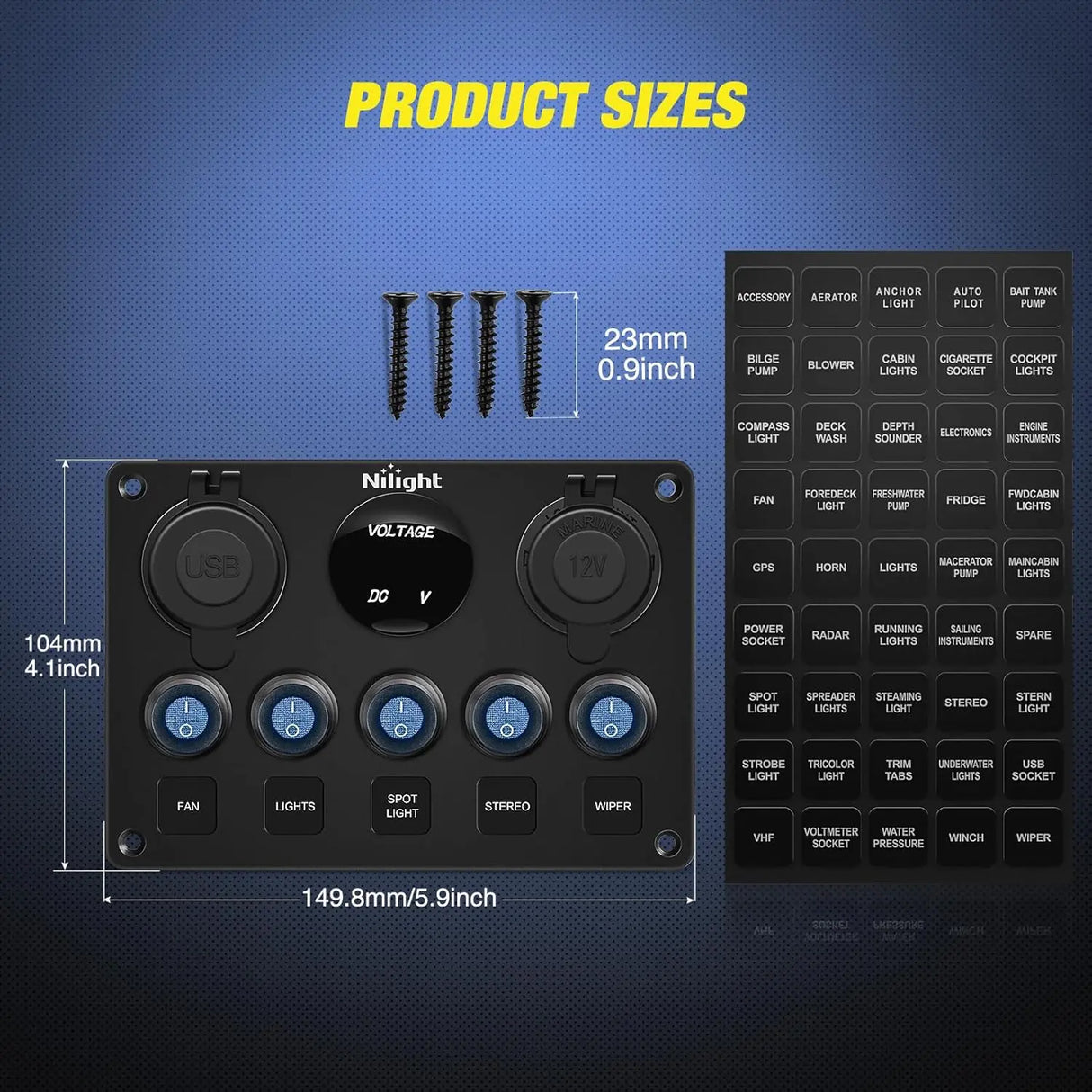5Gang Multi Function Switch Panel PD Type C USB Charger Digital Voltmeter Nilight