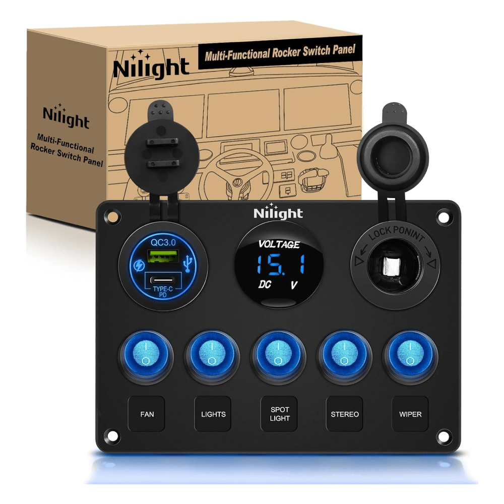 5Gang Multi Function Switch Panel PD Type C USB Charger Digital Voltmeter Nilight
