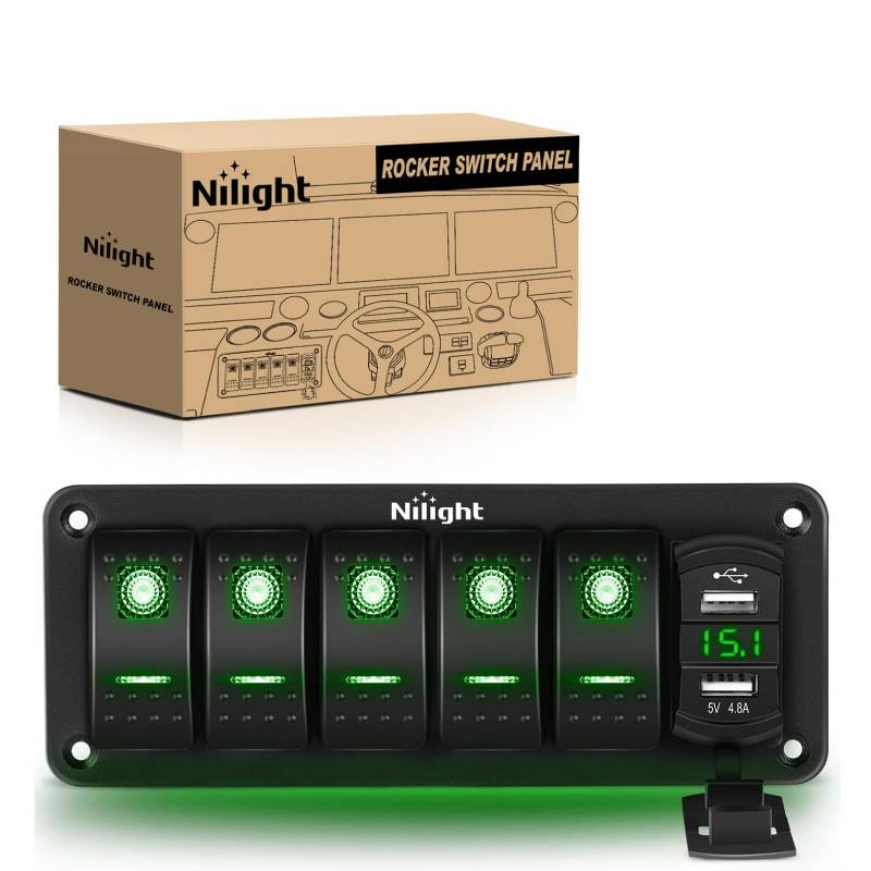 Rocker Switch 5Gang Aluminum 5Pin ON/Off Green Rocker Switch Panel w/ 4.8 Amp Dual USB Charger Voltmeter