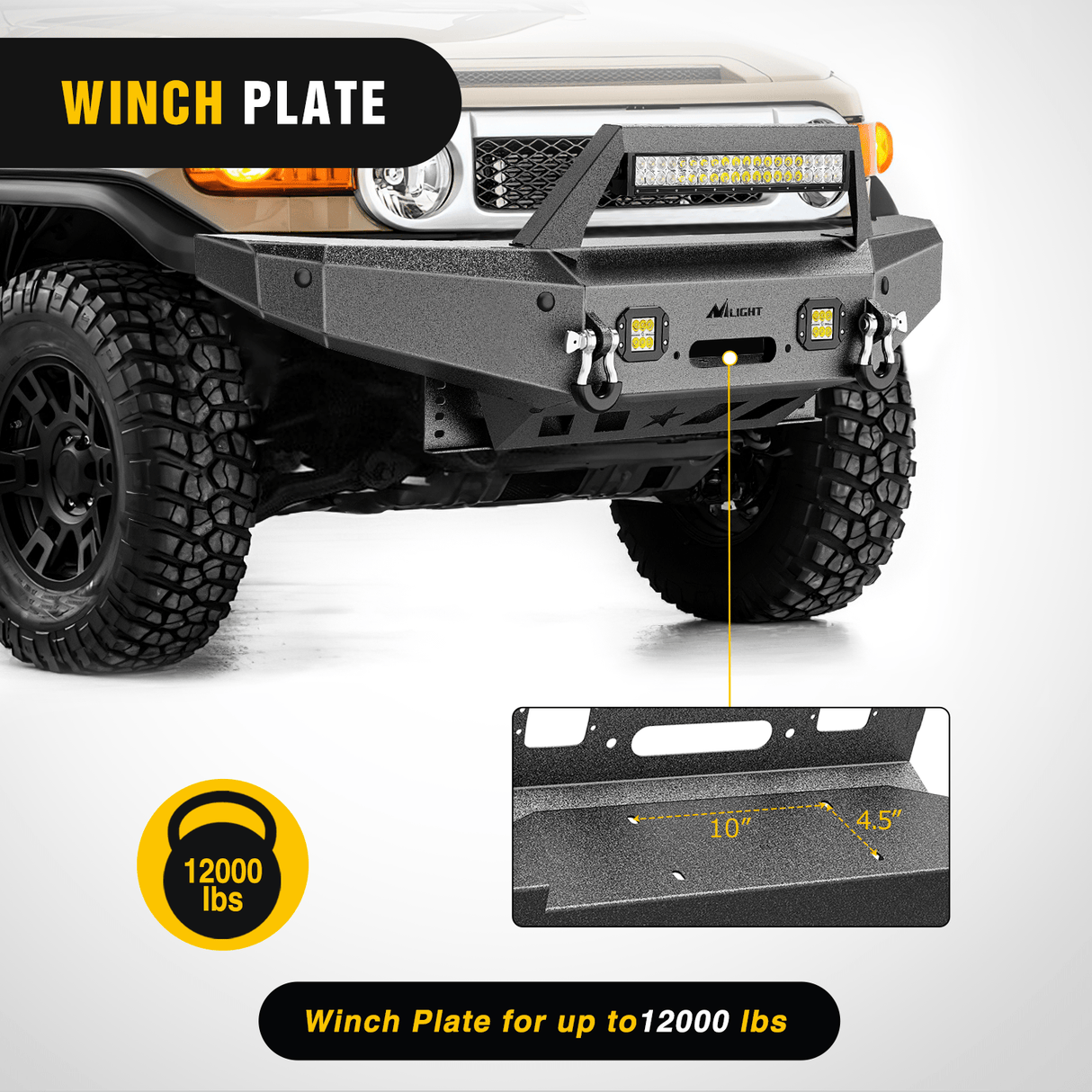 2007-2014 Toyota FJ Cruiser Front Bumper Winch Plate Offroad 120W Light Bar 18W LED Light Pods 2 D-Rings