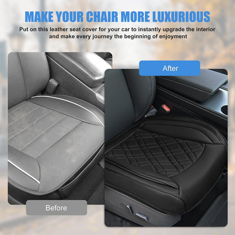 Car Seat Cushion Cover Black Leather Front Seats with Wings Waterproof and Anti-Slip with Storage Bag Wrapped Bottom Suitable for Cars Sedan Van SUV Truck