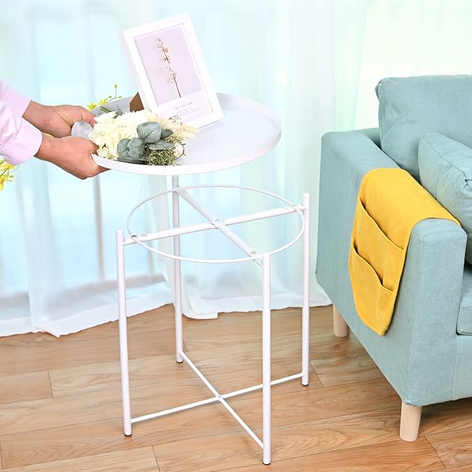 Side Table, End Table Metal Small Table Indoor Outdoor & Snack Bedside Table Sofa Side Snack Table Accent Coffee Table Living Room Bedroom Balcony 1 Layer (White)