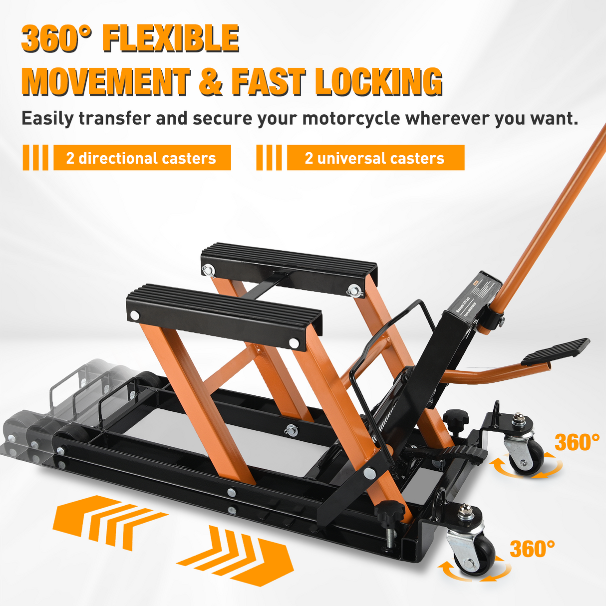 Motorcycle Lift Jack 1500 LBS Hydraulic Lifts ATV Scissor Jacks with Wheel Foot Pedal Handle Ratchet Belt Heavy Duty Lifter Stand Hoist Table for Dirt Bike Garage Storage Repair Tool,Orange