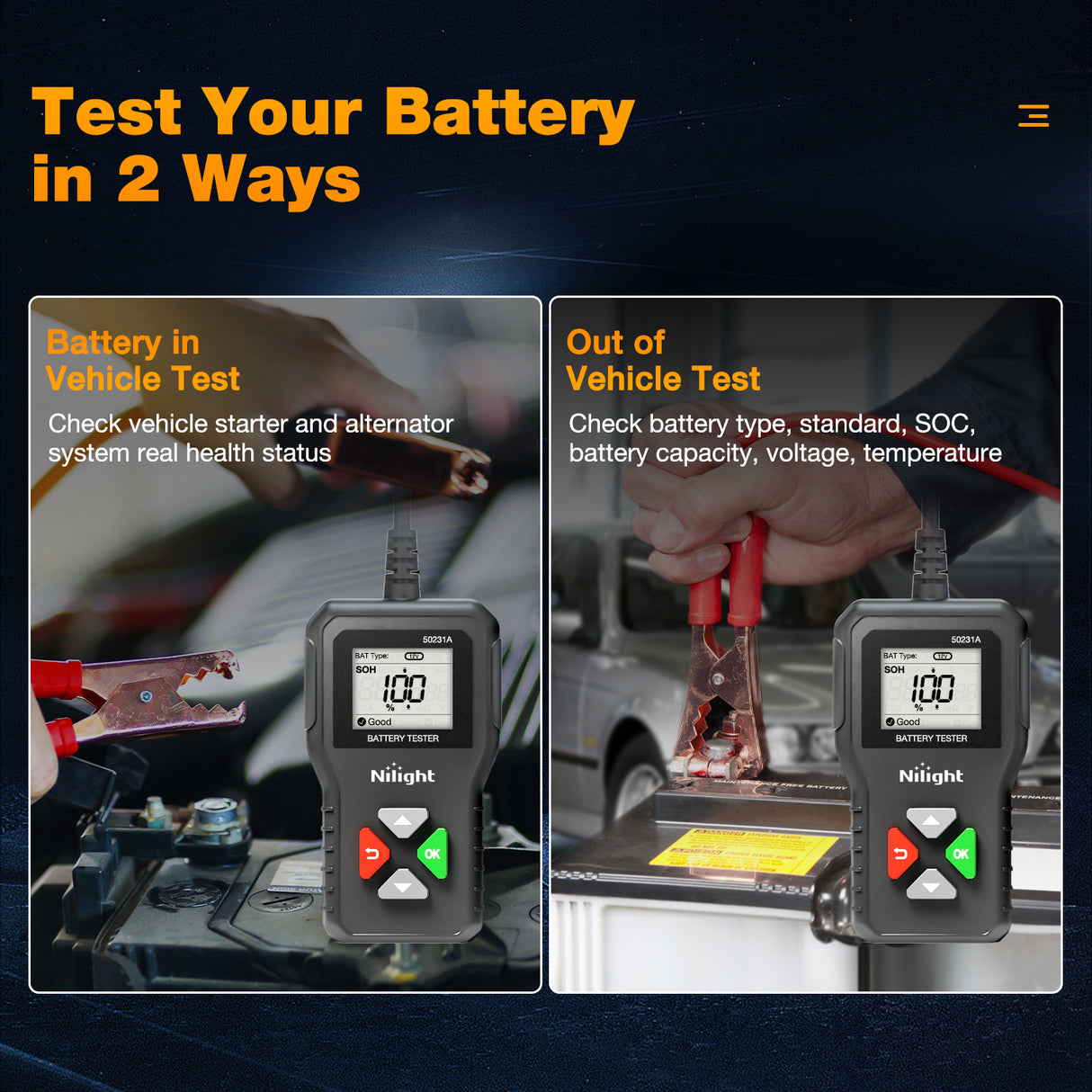 Nilight Car Battery Tester 6V 12V 24V Accurate Digital Auto Analyzer 100-2000 CCA Voltage SOH SOC Internal Resistance Test for Cars Trucks SUV ATV Boats Motorcycles Vehicle