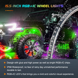 4PCS 15.5inch Double Row Wheel Ring Lights Dream Color with APP and Remote Control Neon Lights w/Turn Signal and Braking Function Dual Row for Car Van SUV Truck