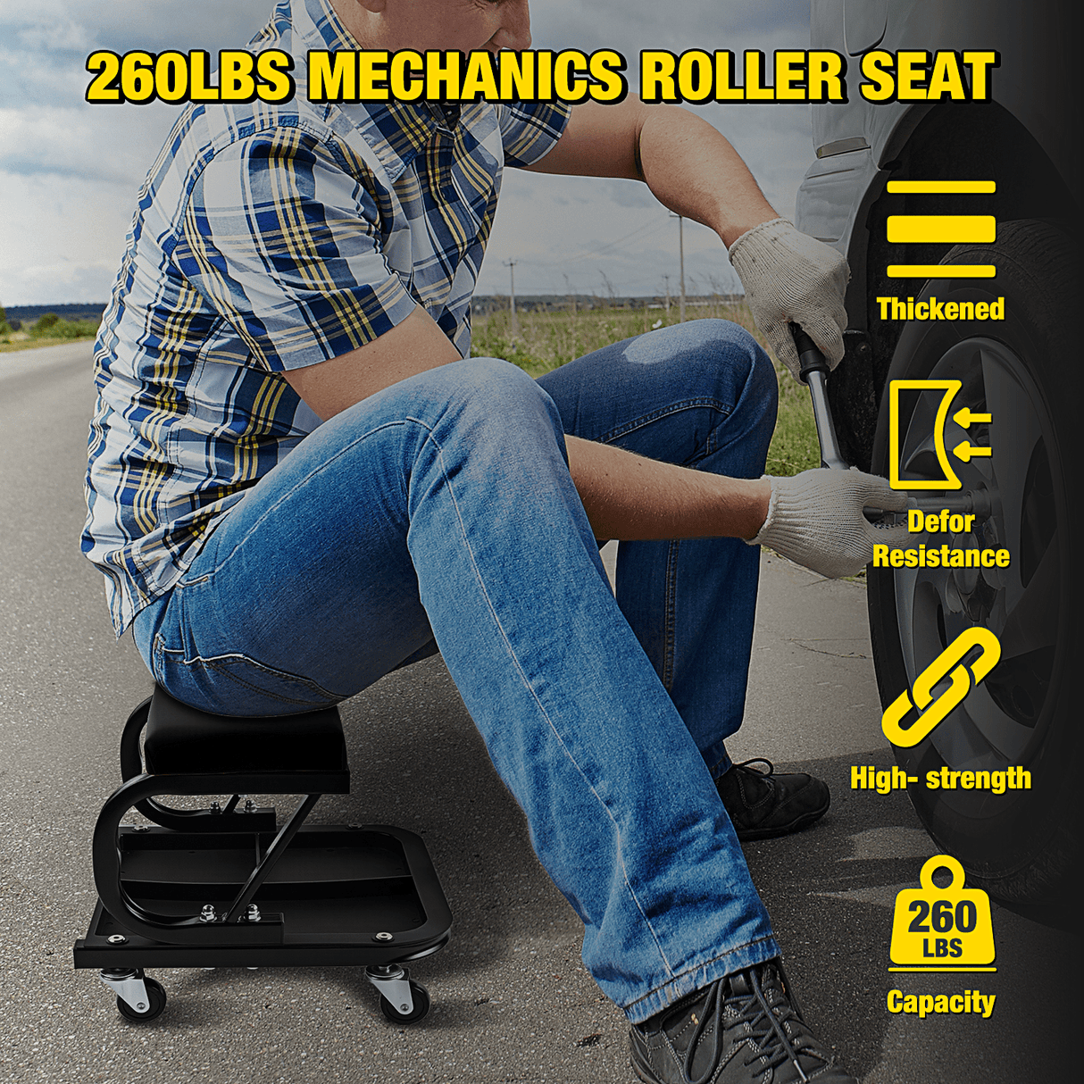 Creeper Seat 260 LBS Capacity Black Rolling Mechanic Padded Seat with Tool Tray Storage