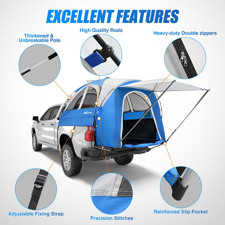 Trunk Bed Cover Truck Bed Tent 5.0-5.5FT Pickup Truck Tents with Removable Awning Waterproof PU2000mm Double Layer Rainfly Storage Bag 2-Person Sleeping Tailgate Bed Tents for Camping Travel Outdoor,Blue Grey