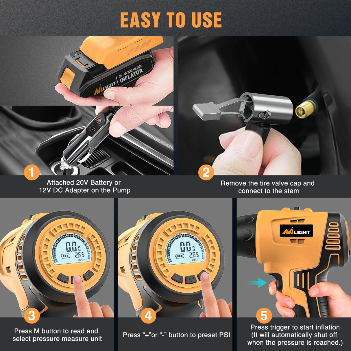 Nilight Cordless Tire Inflator 20V Rechargeable Air Compressor with Digital Gauge 150PSI Includes 12V Adapter