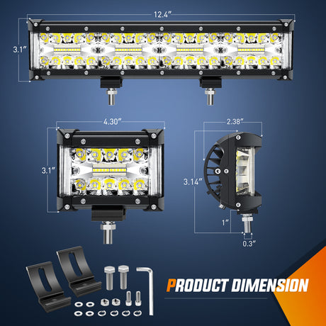Nilight Side Shooter LED Light Bar Set 12 Inch Triple Row Spot Flood Combo Lights 2PCS 4.3Inch Pods with 5Pin Rocker Switch Wiring Harness Kit for Off-Road Truck ATV UTV Boat
