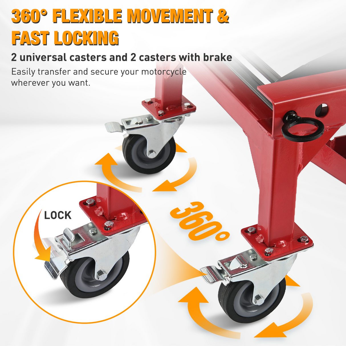 Motorcycle Lift Table Jack 300 LBS Heavy Duty Hydraulic Motorcycle Scissor Jack Lifts Table Foot Pedal with 4 Caster Wheels Wide Deck for Motorbike Dirt Bike ATV Garage Repair Tool, Red