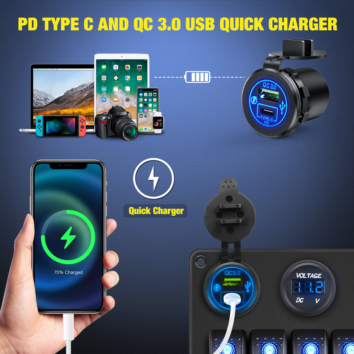 Nilight 5 Gang Rocker Switch Panel Pre-Wired Aluminum with PD Type C and USB Cigarette Lighter Socket Voltmeter 12V 24V ON Off Toggle Switches for Car Trucks Boats RVs