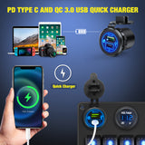 Nilight 5 Gang Rocker Switch Panel Pre-Wired Aluminum with PD Type C and USB Cigarette Lighter Socket Voltmeter 12V 24V ON Off Toggle Switches for Car Trucks Boats RVs