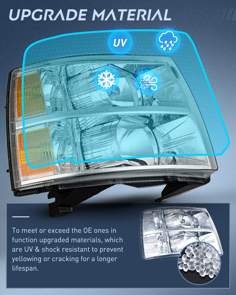 Nilight Headlight Assembly Compatible with 2007 2008 2009 2010 2011 2012 2013 Silverado 1500 2014 2500HD 3500HD Replacement Chrome Housing Amber Reflector