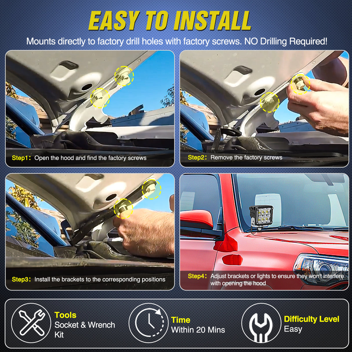 Nilight Ditch Light Brackets Hood Hinges Mount Bracket Kit for Auxiliary Offroad LED Pods Work Lighting Compatible with Toyota 4Runner 2009-2023 Tundra 2007-2021