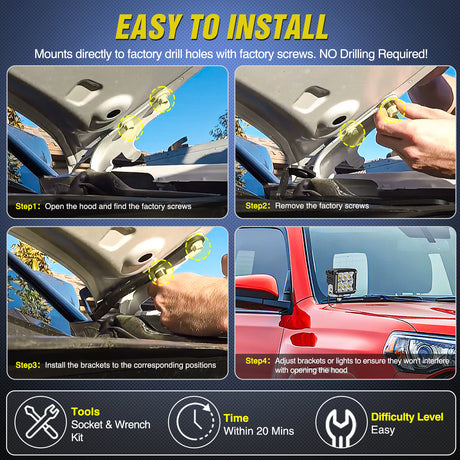 Nilight Ditch Light Brackets Hood Hinges Mount Bracket Kit for Auxiliary Offroad LED Pods Work Lighting Compatible with Toyota 4Runner 2009-2023 Tundra 2007-2021