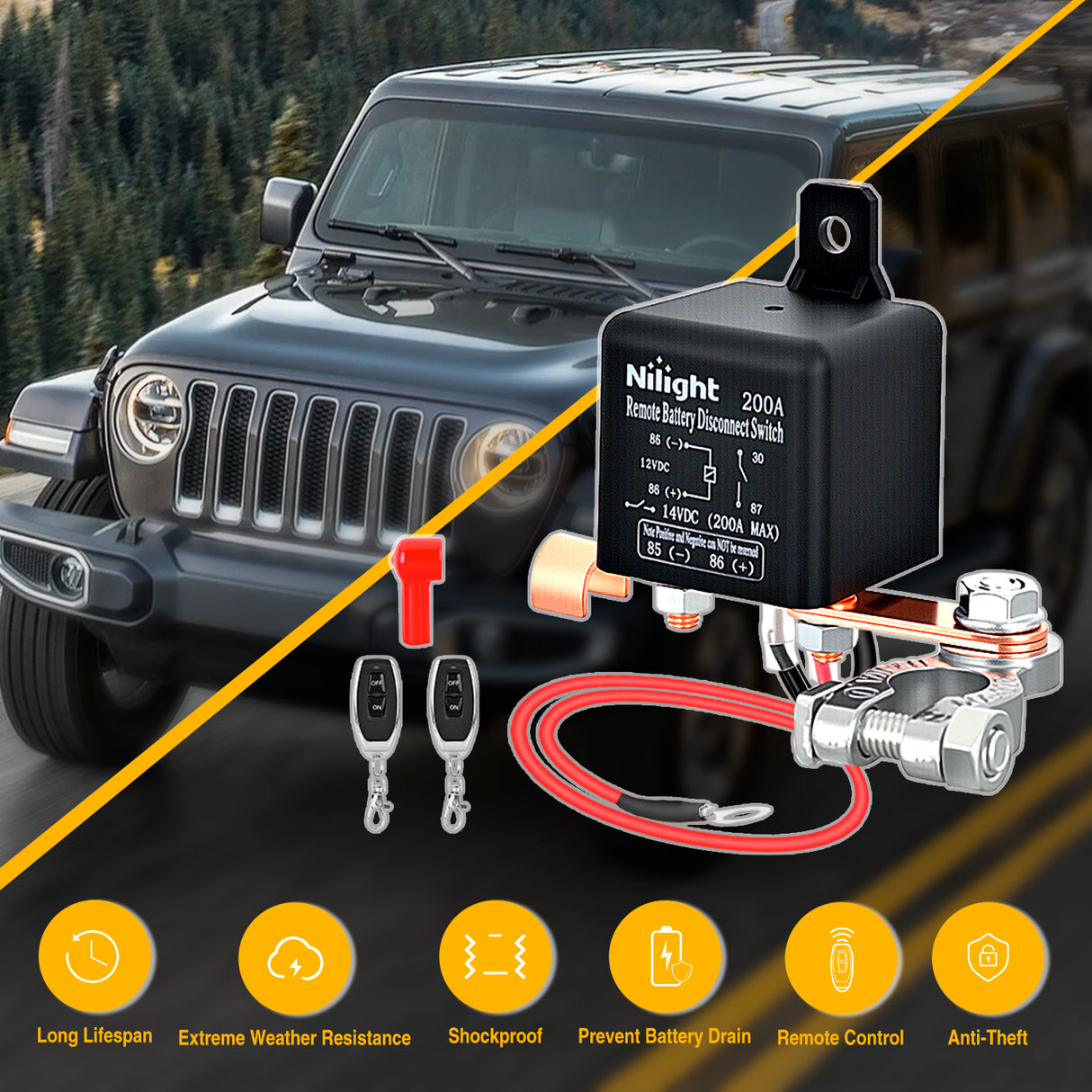 Remote Battery Disconnect Switch 12V 200A Car Anti-Theft Kill Switches Upgrade Prevent Power Drain with Wireless Remote Control Relay Fobs for Auto Truck RV Boat