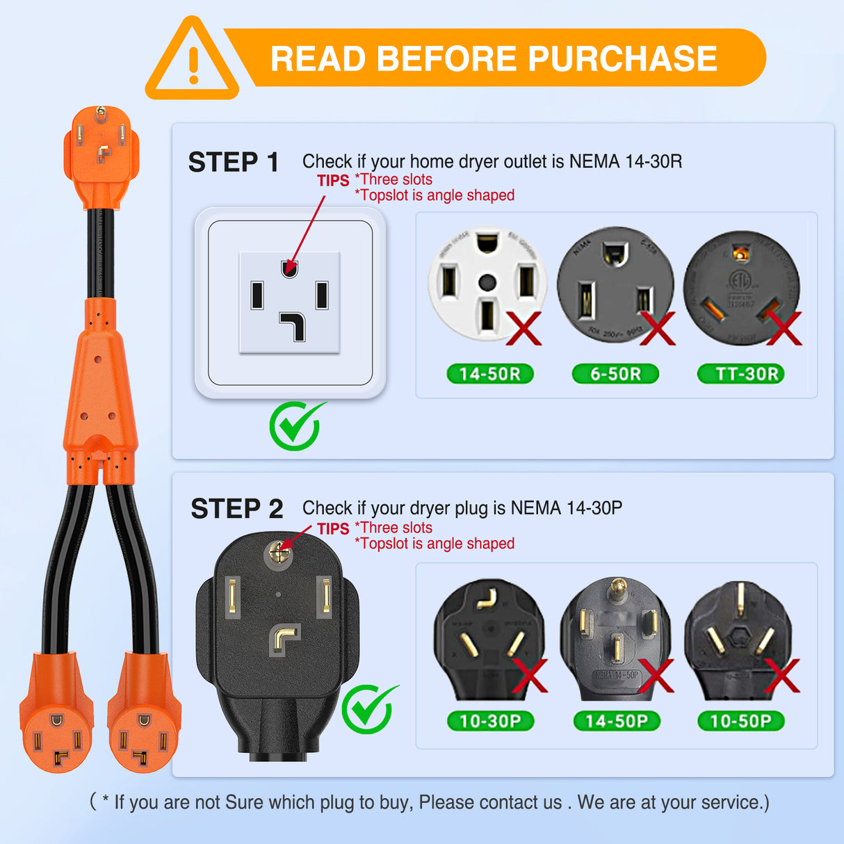 EV Dryer Y Splitter Adapter Cord 30 Amp Male Plug to Two 30Amp Female Receptacle 4 Prong 125V/250V 7500 Watt Pure Copper Conversion Heavy Duty STW 10 AWG Cable 14-30P 14-30R 30M/30F