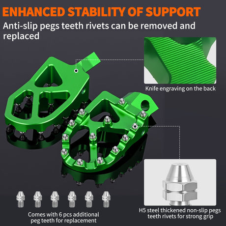 Nilight Motorcycle Foot Pegs Dirt Bike Footpegs Fit for Kawasaki KDX200 1995-2005 KDX200R 1997-2001 KDX220R 2002-2005 KDX250 1991-1994 KX125 KX250 KX500 Heavy Duty CNC Foot Rests Pegs Pedal, Green