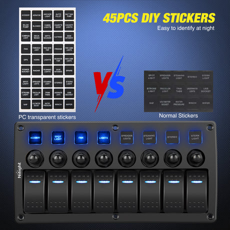 Nilight 8 Gang Rocker Switch Panel Waterproof Pre-Wired Marine with Resettable Circuit Breaker LED Backlight 5A 10A 15A Breakers 12V 24V ON Off 3 PIN Toggle Switches for Car Truck Boat RV