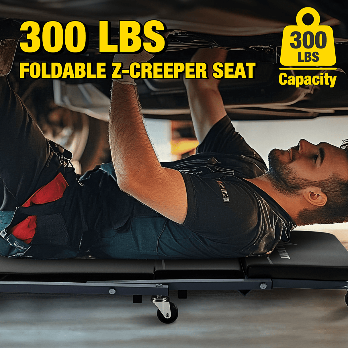 Creeper Seat 36inch Z Creeper - 2-in-1 Folding Rolling Mechanic Seat 36 inches Adjustable Lay-Down or Sit Garage Chair, 330 lbs Capacity, Grey Black