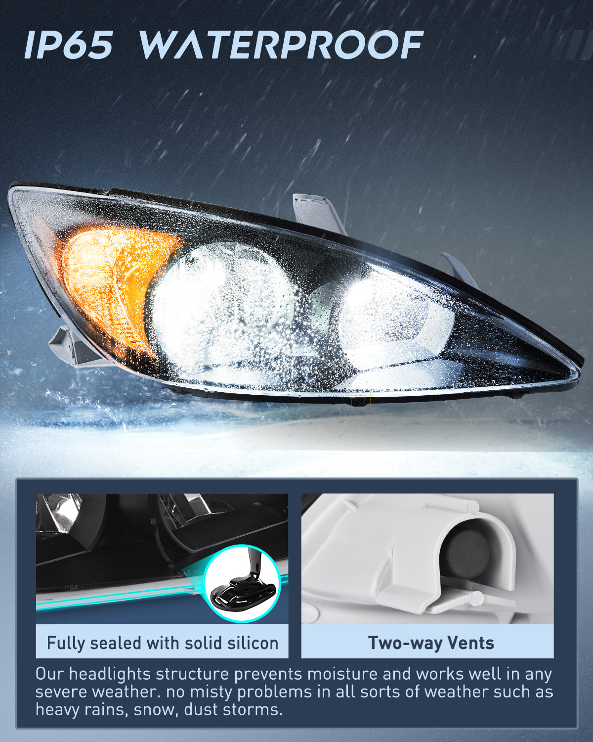 Headlight Assembly for 2002 2003 2004 Toyota Camry LE/XLE Headlamps Replacement Black Housing Amber Reflector Clear Lens Driver and Passenger Side