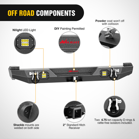 Rear Bumper 1984 1985 1986 1987 1988 1989 1990 1991 1992 1993 1994 1995 1996 1997 1998 1999 2000 2001 Jeep Cherokee XJ Rear Bumper 2inch Hitch Receiver Upgraded 18W LED Light Pods Offroad Textured Black