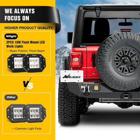 Front Bumper 2018 2019 2020 2021 2022 2023 2024 Jeep Wrangler JL JLU Unlimited (2/4 Doors) Rear Bumper Spare Tire Carrier 2inch Hitch Receiver License Plate Bracket 2 LED Lights D-rings