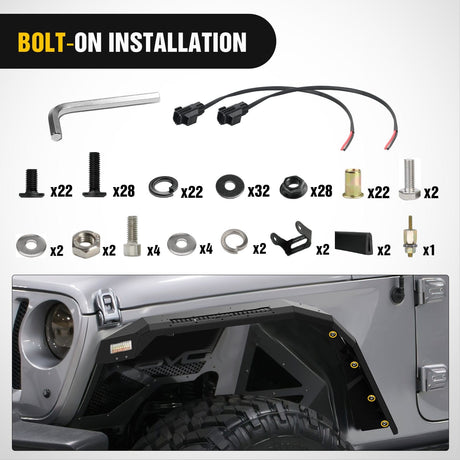 Nilight 2018-2025 Jeep Wrangler JL & JLU Unlimited 2/4Doors (No fit 2020+ Gladiator JT) Wide Flat Front Fender Flares w/LED Lights Turn Signal Lights DRL