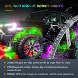 4PCS 17.5inch Wheel Ring Lights Deram Color with APP and Remote Control Neon Lights Million Colors w/Turn Signal and Braking Function for Car Van SUV Truck