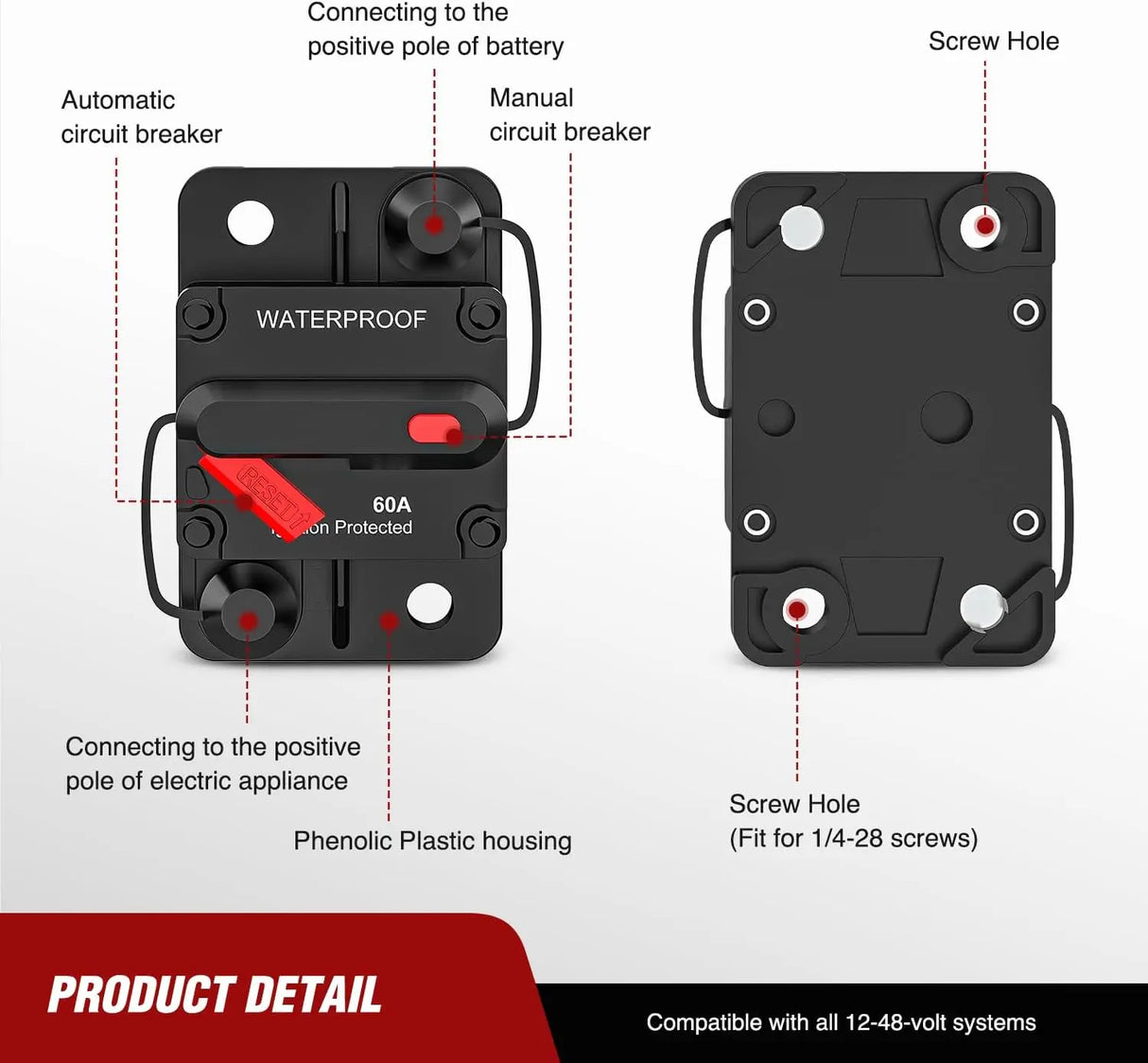 60A Circuit Breaker Resettable 12-48V DC Manual Reset w/Copper Wire Lugs Surface Mount Overload Protection Nilight