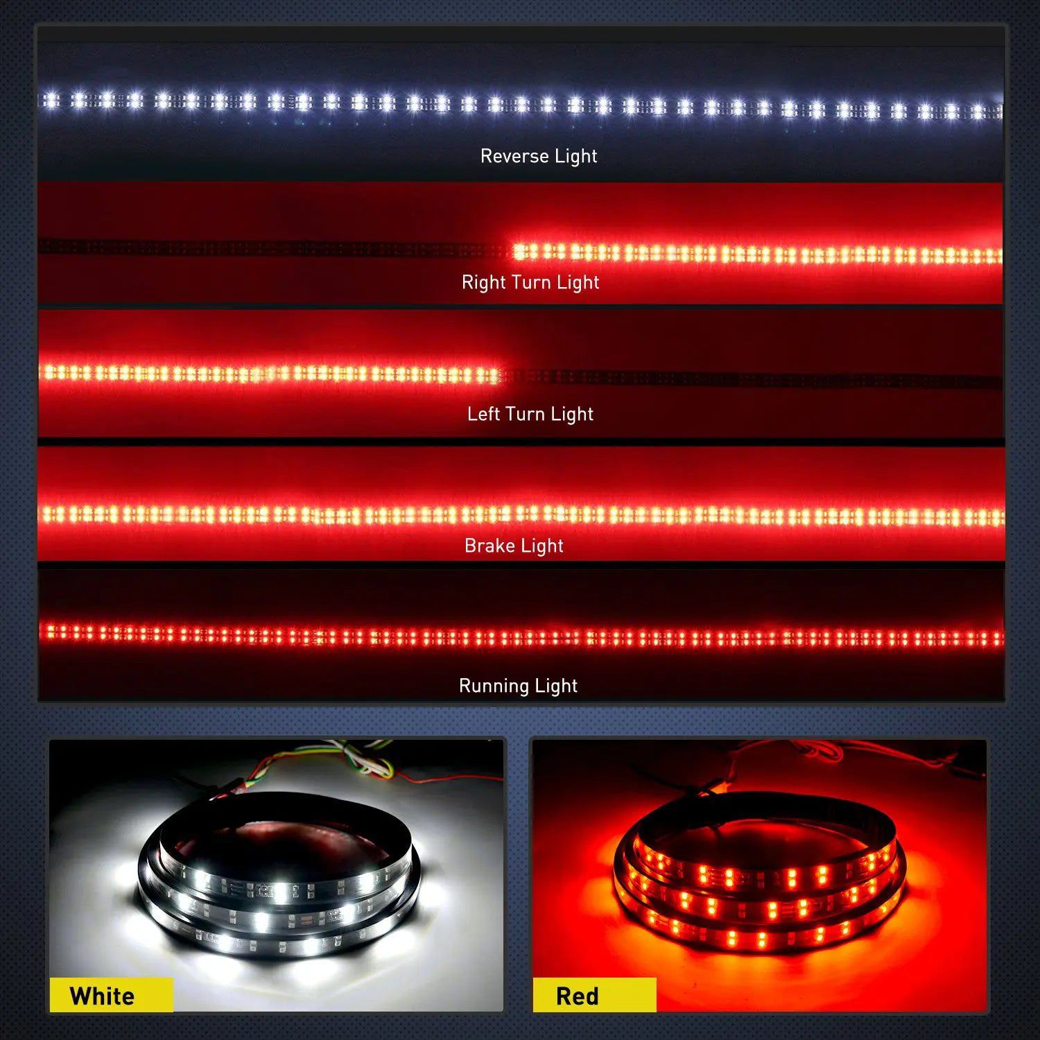 Led light Strip 60” 264Leds Red White Double Row LED Tailgate Light Strip