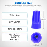 400PCS Blue Wire Connectors Kit 20-18 AWG Electric Wire Caps Insulating Insert Twist Electrical Wire Terminal with Spring for Connect Electrical Wiring Automotive Car Truck Boats Marine