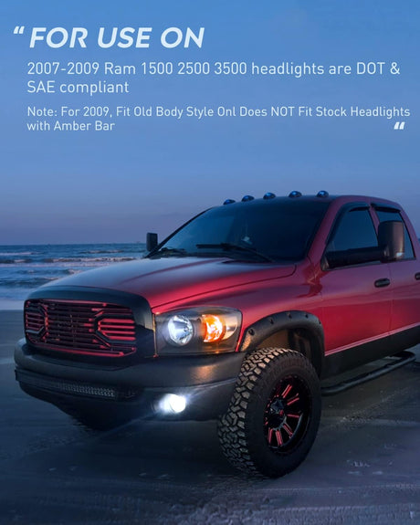2006-2008 Dodge Ram 1500 2006-2009 Dodge Ram 2500 3500 Headlight Assembly Black Housing Clear Reflector Nilight