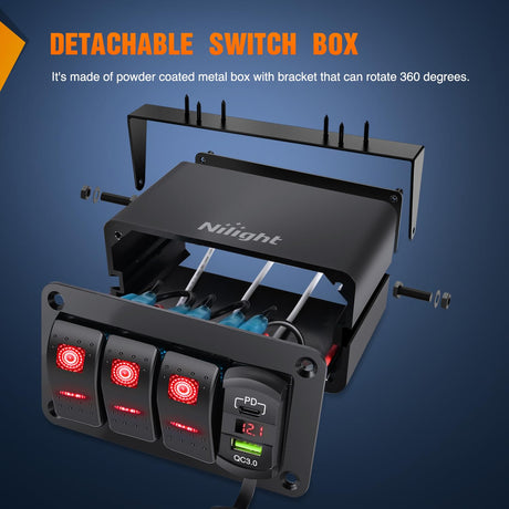 3 Gang Rocker Switch Box 12V SPST ON Off Toggle Switches PD Type C and QC 3.0 USB Charger Voltmeter LED Light Waterproof Aluminum Mount Bracket Panel DIY Stickers for Boat Car RV Truck
