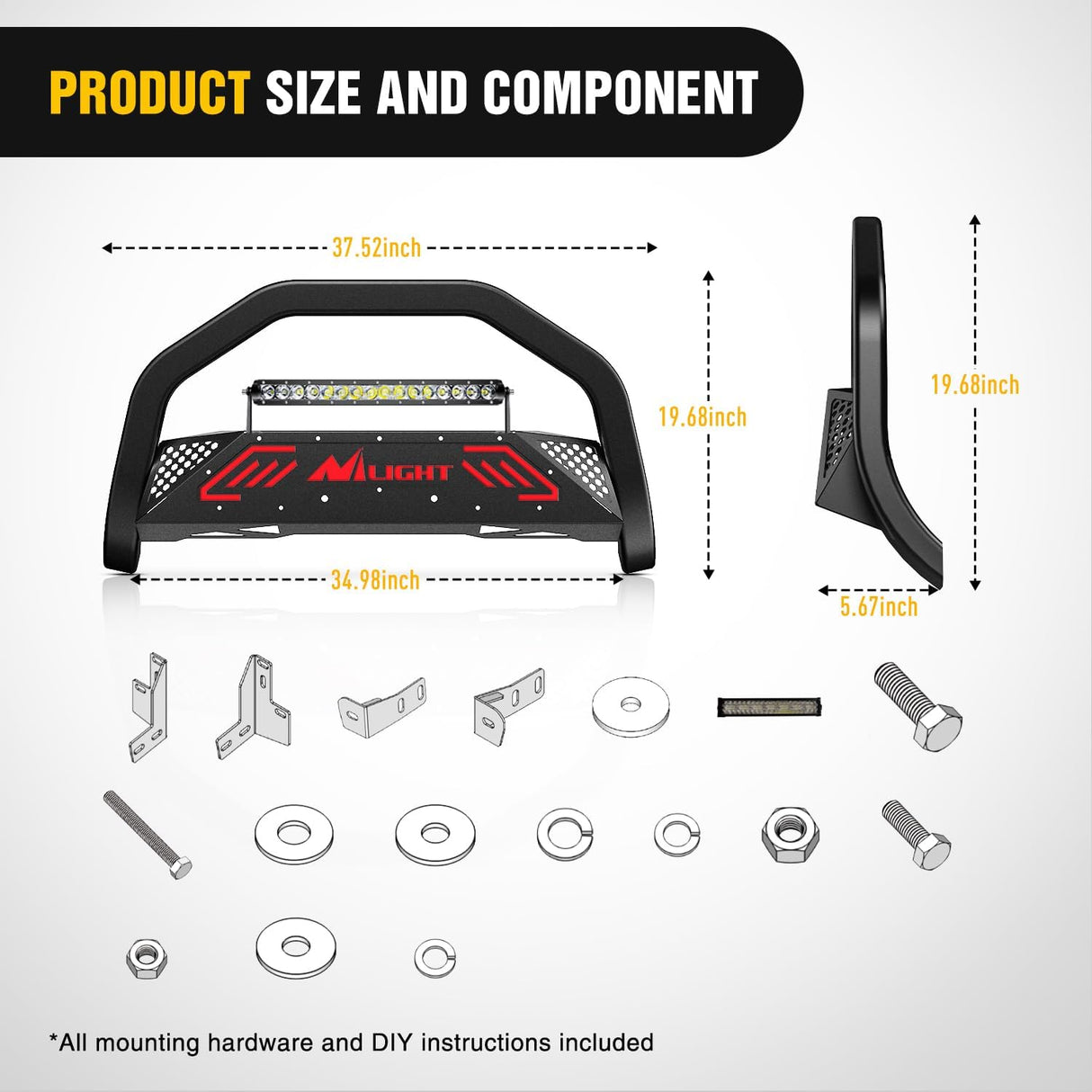 Bull Bar with Light Bar&License Plate Hole Compatible with Toyota Tacoma 2005-2015 Truck Brush Guard, Front Bumper Push Bar w/Grille Skid Plate Light Mount