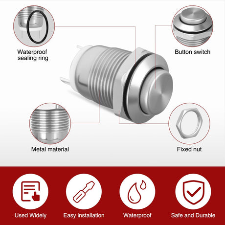 12mm Momentary Push Button Switch 6PCS 12V Waterproof Stainless Steel Small Round Power Push Button Switches 2 Pin for Car Automotive Truck Boat Marine Off-Road Vehicle