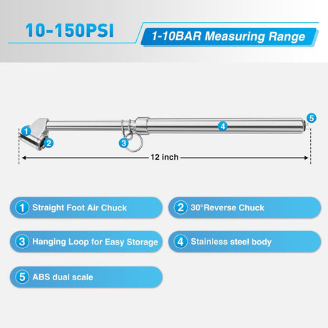 Dual Head Tire Pressure Gauge Heavy Duty Truck Air Chuck Range 10-150PSI 1-10Bar Tire Pressure Checker Straight-On Tire Air Gauge Extended Tube for Semi Truck, RV, Car, Motorcycle