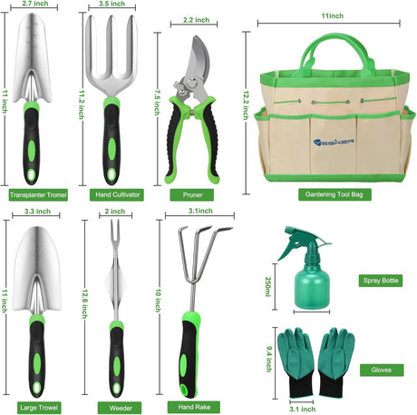 Gardening Tools 9-Piece Heavy Duty Garden Tool Set Gardening Supplies Gifts for Women Men Gardening Hand Tool Kit with Non-Slip Ergonomic Handle, Garden Bag, Durable Gloves and Shears, Green