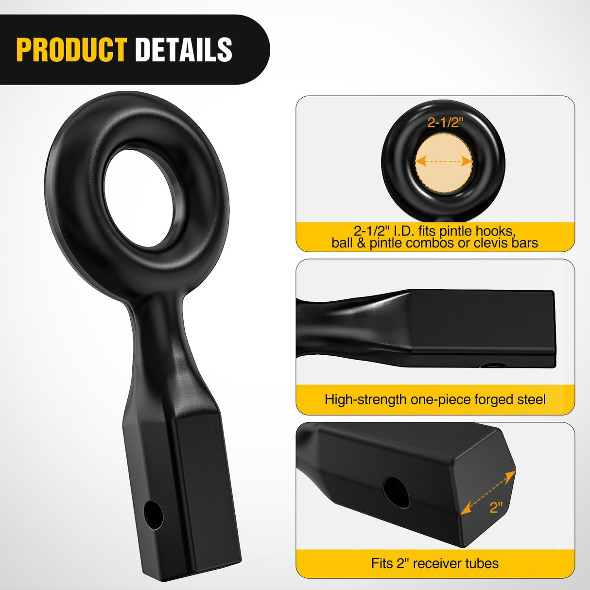 Heavy Duty Forged Receiver Mount Tow Eye 12,000 lb Towing Capacity | Fits 2 Inch Receivers Black Powdercoat Trailers and Towing Accessories