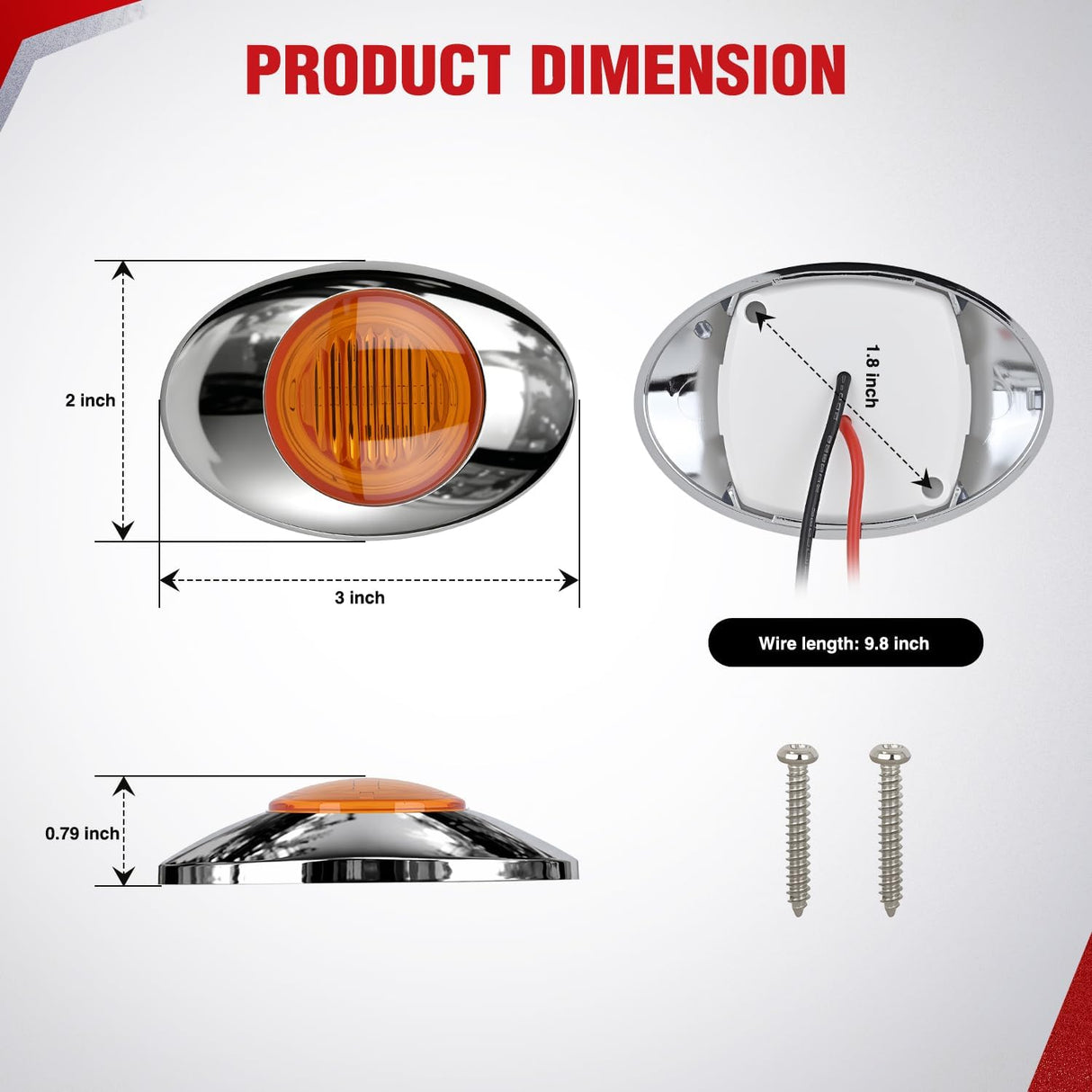 3 Inch Oval LED Trailer Marker Light, Chrome Bezel Amber Lens | 10 Pack IP67 Waterproof 12V Surface Mount Marker & Clearance Light, Fits Semi Trucks Trailers RVs Pickup Trucks Vans