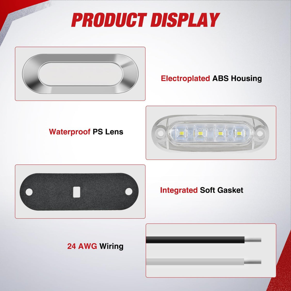 3.7 Inch white Oval Side Marker Light, 4 LED IP68 Waterproof | Chrome Bezel DC 12-24V Surface Mount 10 Pack Marker & Clearance Light for Trucks Trailers Cars RVs Buses & Boats