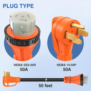 RV Parts 50AMP 50FT RV Locking Extension Cord 250V Heavy Duty 6/3+8/1 Gauge Pure Copper STW Wire ETL Listed 4 Prong 14-50P SS2-50R 50F/50M Cable Suit