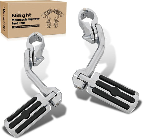 1.25 Inch Motorcycle Highway Pegs For Harley Davidson Touring Road King Street Glide Sportster, Adjustable Long Angled Foot Pegs Clamp Universal For 1-1/4 Inch Engine Guard Crash Bars Highway Footpegs