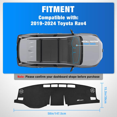 Dash Cover for Toyota Rav4 2019 2020 2021 2022 2023 2024, Custom Fit Suede Dashboard Mat Non‑Slip Sunshade Glare Protector Interior Accessories Black