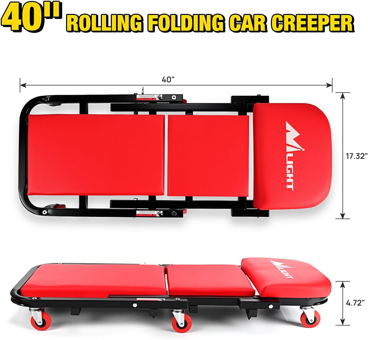 40 Inch Z Creeper - 2-in-1 Folding Rolling Mechanic Seat, 40 inches Adjustable Lay-Down or Sit Garage Chair, 330 lbs Capacity, Red Black