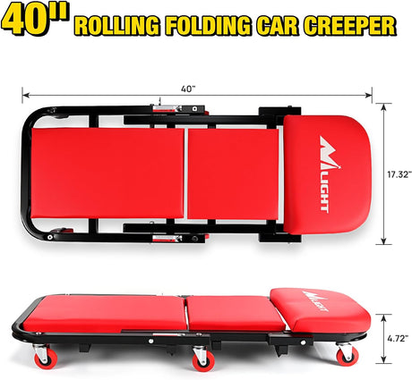 40 Inch Z Creeper - 2-in-1 Folding Rolling Mechanic Seat, 40 inches Adjustable Lay-Down or Sit Garage Chair, 330 lbs Capacity, Red Black