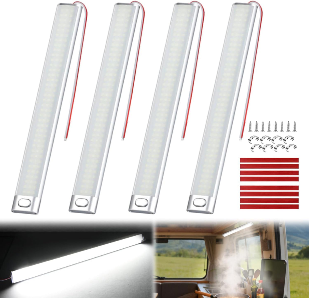 LED Interior Light Bar 4PCS 15.4 Inch Strip Lights | 168 LEDs with 1600LM Output On Off Switch and 12V-85V Compatibility for Enclosed Cargo Trailer RV Camper Boat Van
