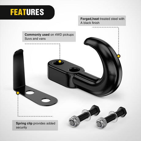 2Pcs Bolt-On Tow Hooks with Spring Clip 10,000LBS 2Pcs Black Forged Recovery Tow Hooks Compatible with Jeep Ford Dodge Chevy GMC Toyota Pickup Truck