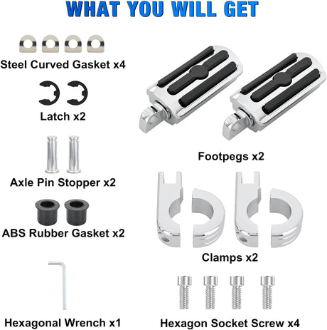 1-1/4 Inch Motorcycle Highway Pegs Adjustable 360° Angled Foot Pegs P-Clamp Universal For 1.25 Inch Engine Guard Crash Bars FootPegs Fits for Harley Davidson Touring Road King Street Glide Sportster